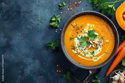 Creamy pumpkin and carrot soup garnished with parsley set on a blue stone backdrop photo