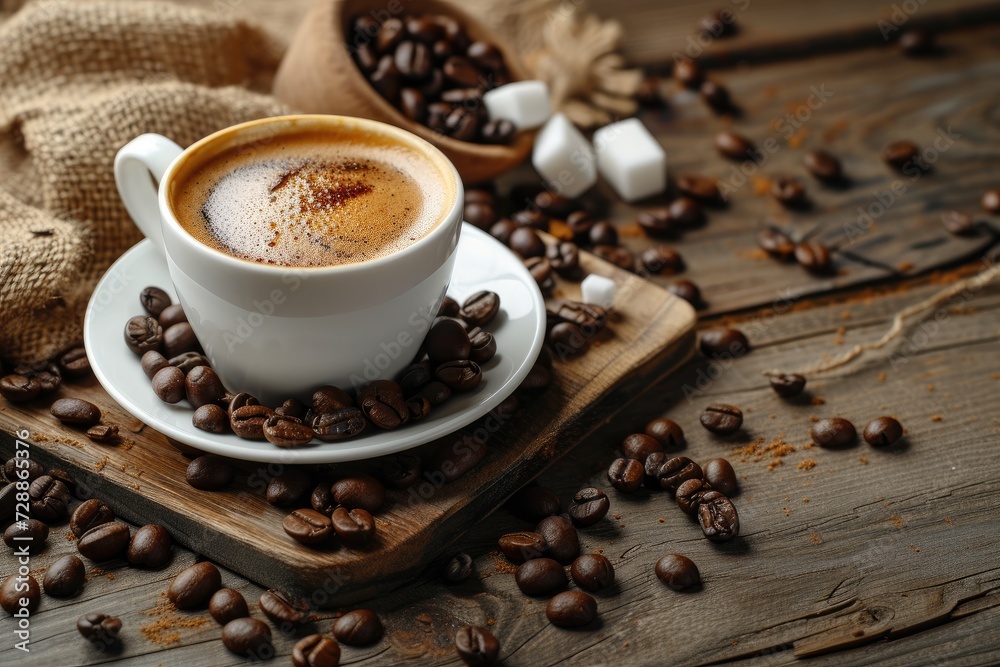 Coffee in a white cup with beans and sugar on a wooden table in a warm light atmosphere on dark background with space for text