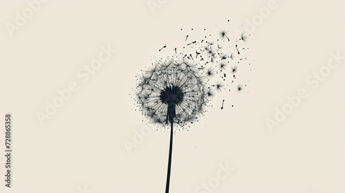  a black and white photo of a dandelion with seeds blowing in the wind on a white background with the word dandelion written in the middle of the dandelion.