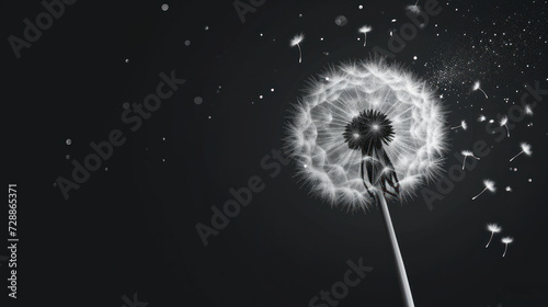  a black and white photo of a dandelion blowing in the wind with lots of seeds in the foreground and on the top of the image is a black background.