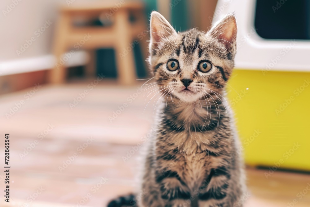Cute European kitten posing in front of a yellow and white covered litter box on wooden floor