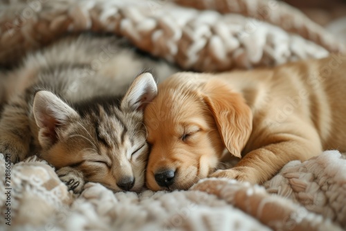 Cute small cat and dog napping inside on a bed