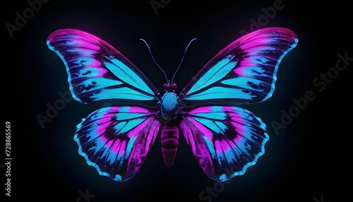 Colorful butterfly on black background, neon - AI Generated