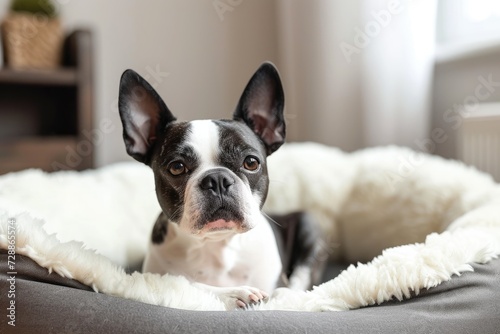 Cute Boston Terrier on a comfy bed representing a lovely pet