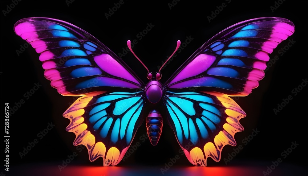 Colorful butterfly on black background, neon - AI Generated