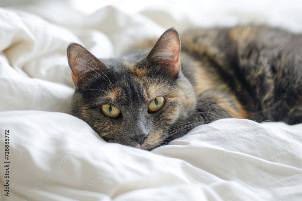 Disapproving blue tortie European cat on white bed sheets camera facing