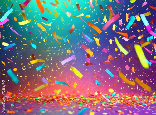 Colorful background with neon confetti. Confetti flies in the air on a bright background.