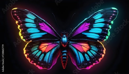 Colorful butterfly on black background, neon - AI Generated