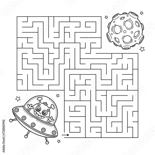 Outline maze space game for children. Contour Labyrinth puzzle for kids. Help the cartoon alien find way to Moon. Task for preschool and school education. Coloring page with extraterrestrial. Vector.