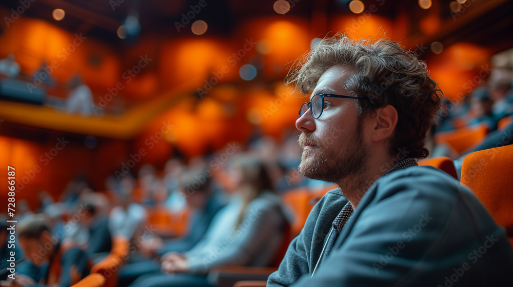 Fototapeta premium A conference attendee nods in agreement, fully engaged in speaker's discussion
