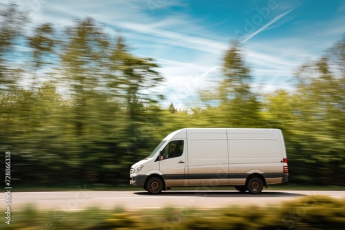 Fast moving white van on country road with trees and bushes amid blue sky blurry