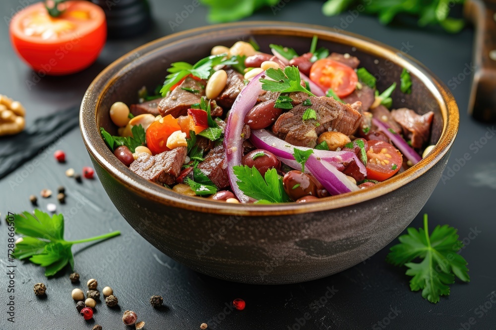 Georgian style beef salad with beans tomatoes nuts red onion served in a ceramic bowl