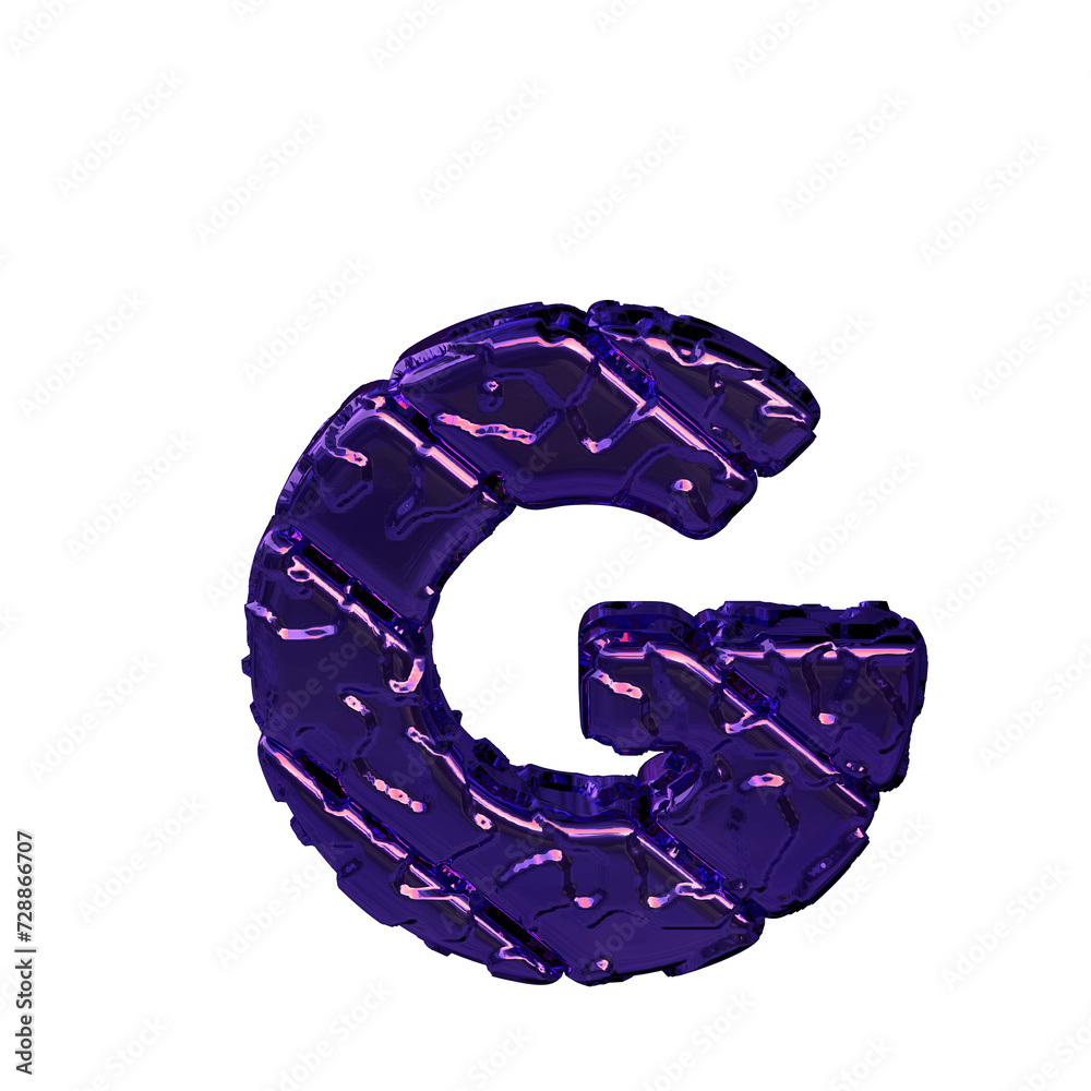Purple symbol made from rough diagonal blocks. view from above. letter g Purple symbol made from rough diagonal blocks. view from above. letter g