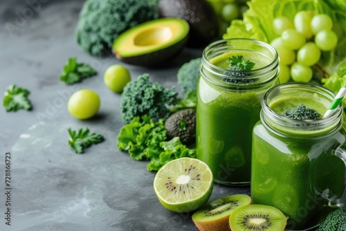 Green health smoothie in glass jar mugs with fresh fruits and veggies Raw vegan vegetarian alkaline food concept