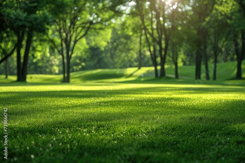 Grassy golf field surrounded by woods
