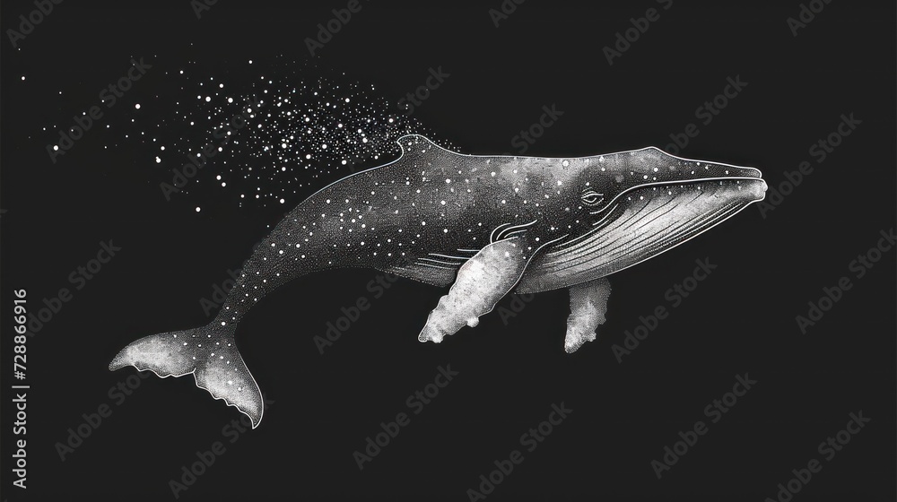 Obraz premium a black and white drawing of a humpback whale with stars in the sky above it's head and it's tail sticking out of its mouth.