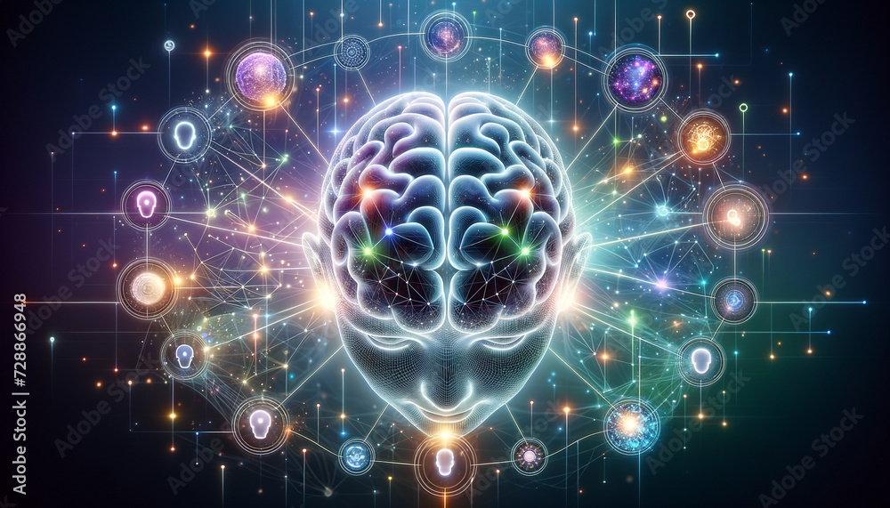 Obraz premium Harmony of Mind and Machine: 3D Brain with Neural Pathways and Emotional Expressions