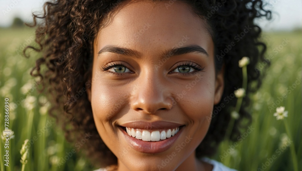 Close-up portrait of a joyful young black woman with curly hair and green eyes, smiling in a field of white flowers. Close-up portrait of a joyful young black woman with curly hair and green eyes, smiling in a field of white flowers.