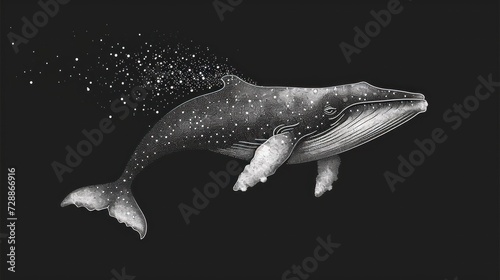 a black and white drawing of a humpback whale with stars in the sky above it's head and it's tail sticking out of its mouth. © Olga