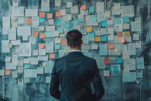 Back view of Businessman managing deadline tasks, check week plan attached on big wall with paper notes, maximize work efficiency concept