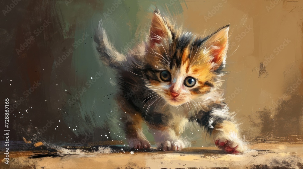  a painting of a small kitten on a brown and black background with a white spot on the left side of the cat's face and a black spot on the right side of the left side of the image.
