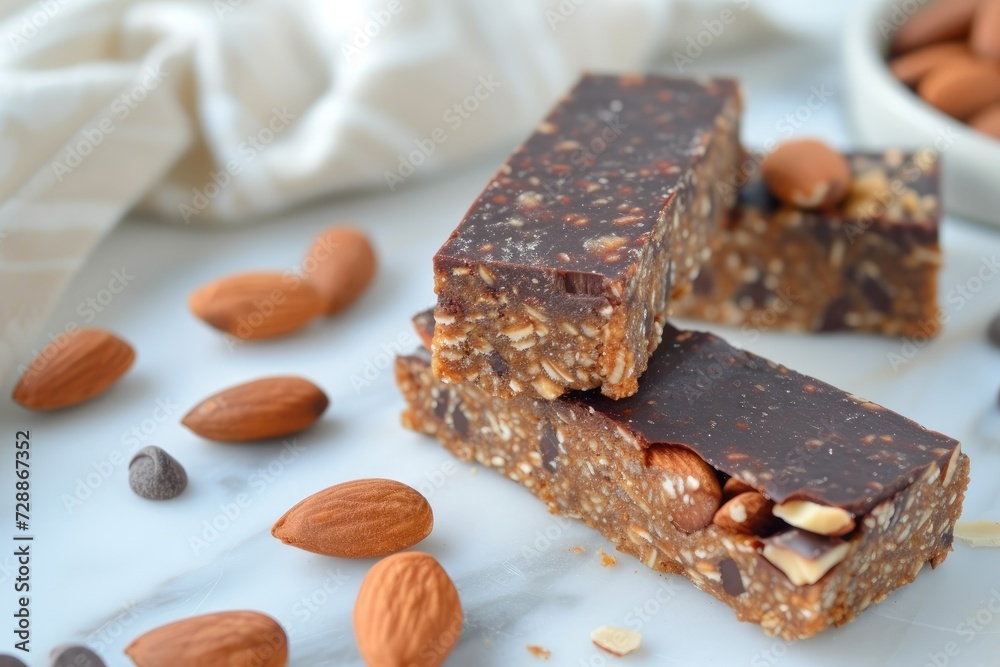 Healthy almond energy bars with chocolate made with almond butter