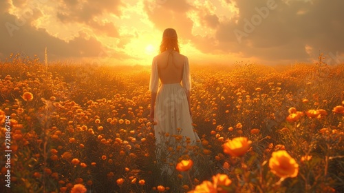  a woman in a white dress standing in a field of flowers with the sun setting behind her and clouds in the sky over her head and a field of flowers in the foreground. © Olga