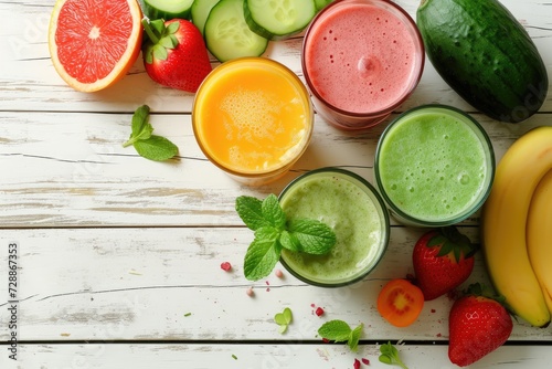 Health concept smoothies made with fresh ingredients on a white wooden background