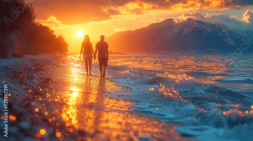 a couple of people walking on top of a beach next to a body of water with a sun setting in the sky above the ocean and a mountain range in the distance.