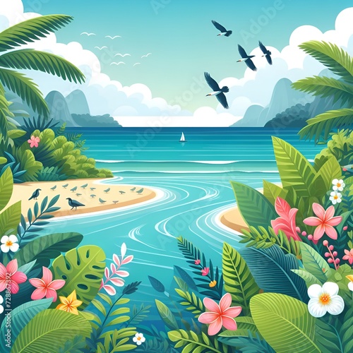 Tropical garden colorful Illustration floral drawing background postcard digital artwork  banner  website  flyer  Ads  gift  Card  booklet template