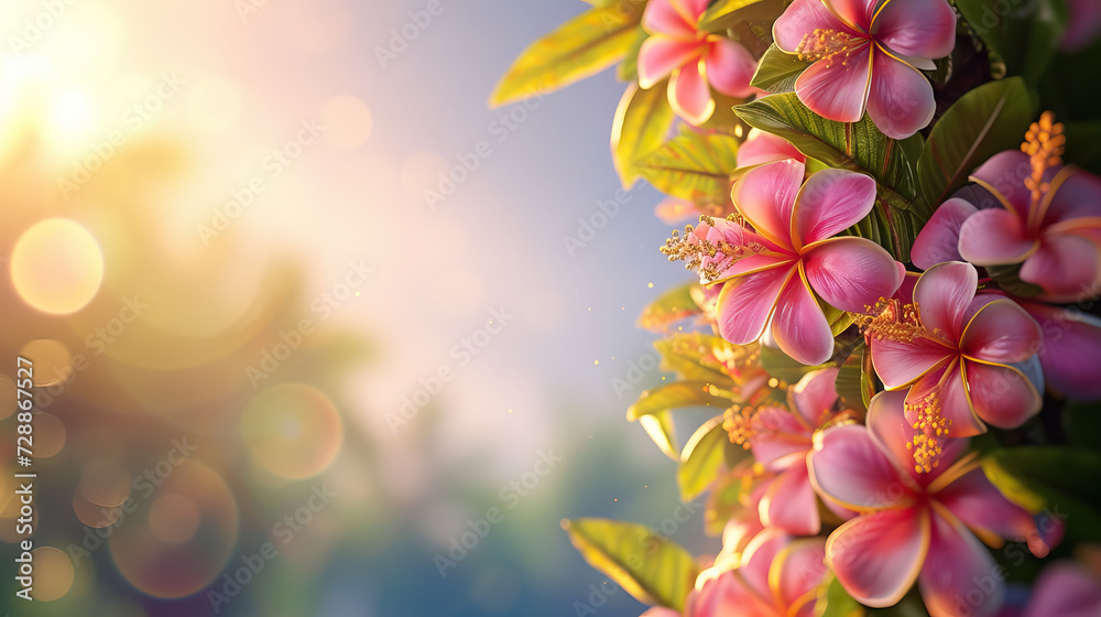 close up hawaii flowers and leaves on blurred sunrise background with copy space for lei day background - AI Generated Abstract Art - obrazy, fototapety, plakaty 