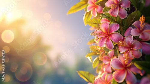 close up hawaii flowers and leaves on blurred sunrise background with copy space for lei day background - AI Generated Abstract Art photo