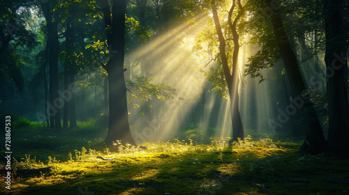 Beautiful Rays of sunlight in a green forest. © Insight
