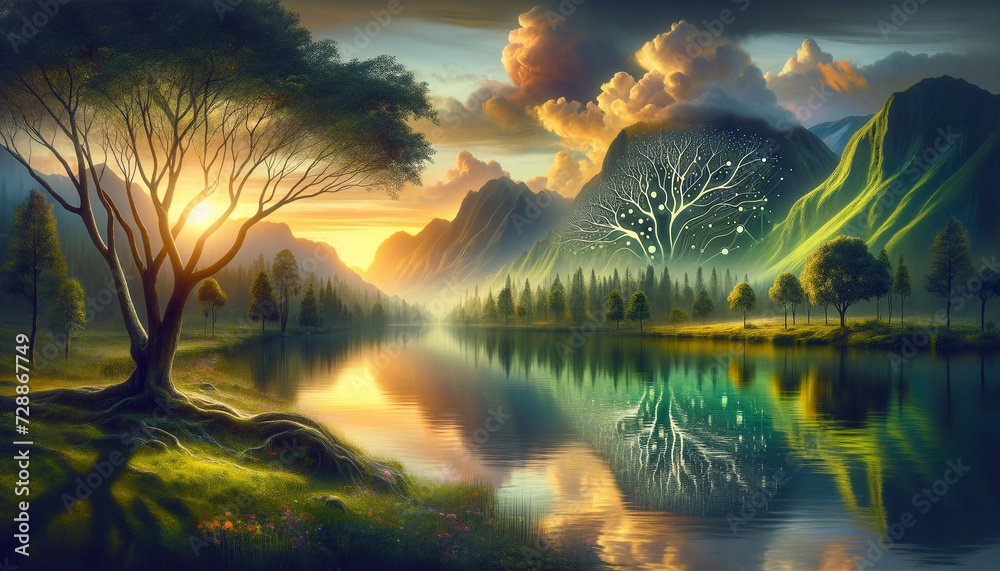 Tranquil mountain lake at sunset with artistic neural network patterns. Tranquil mountain lake at sunset with artistic neural network patterns.
