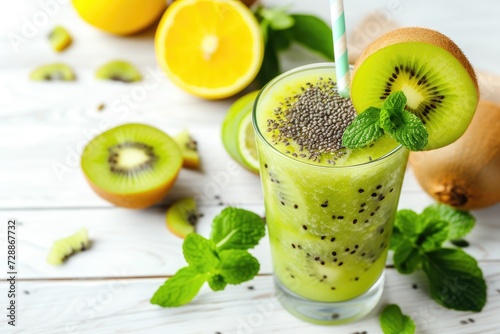 Kiwi smoothie and fresh fruits on white table Room for text