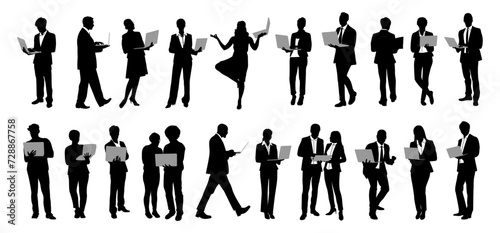 Silhouettes of business people with laptop, men and women full length front, side, back view using computer. Vector illustration isolated black on transparent background . Avatar, icons for website.
