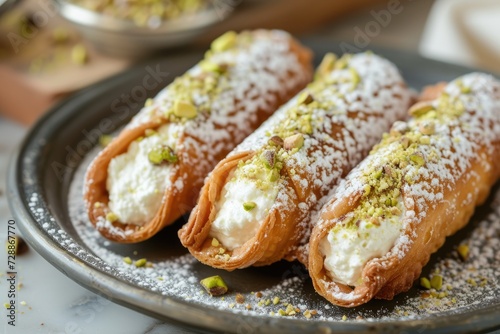 Italian pastry traditional Sicilian dessert filled with ricotta cheese and pistachio