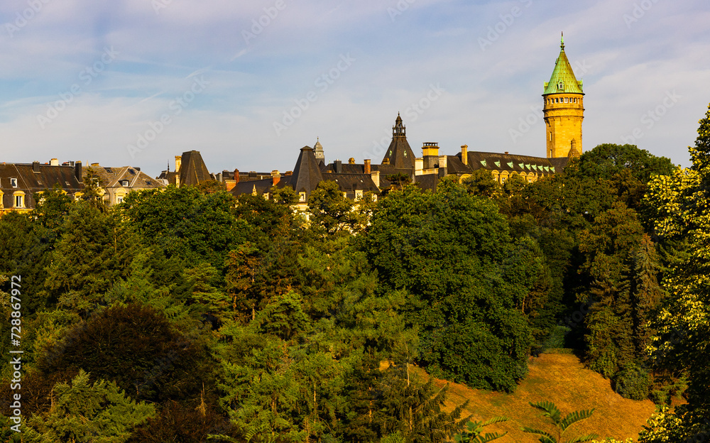 Spectacular view of Spuerkeess, State Bank and Savings Fund ancient building over the park, Luxembourg