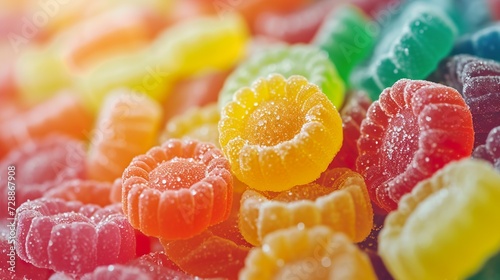 Tasty colorful jelly candies in an explosion of bright colors and fruity flavors. Jelly sweets that delight the eyes with the joy of colors and sweetness. photo