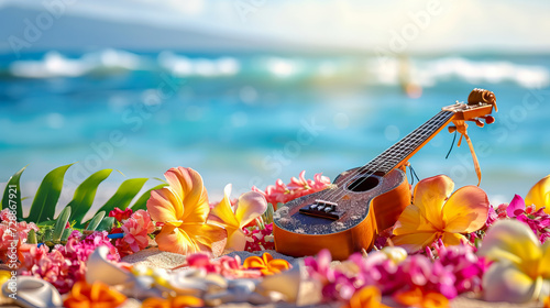 close up ukulele and colorful flowers on blurred beach background for lei day - AI Generated Abstract Art photo