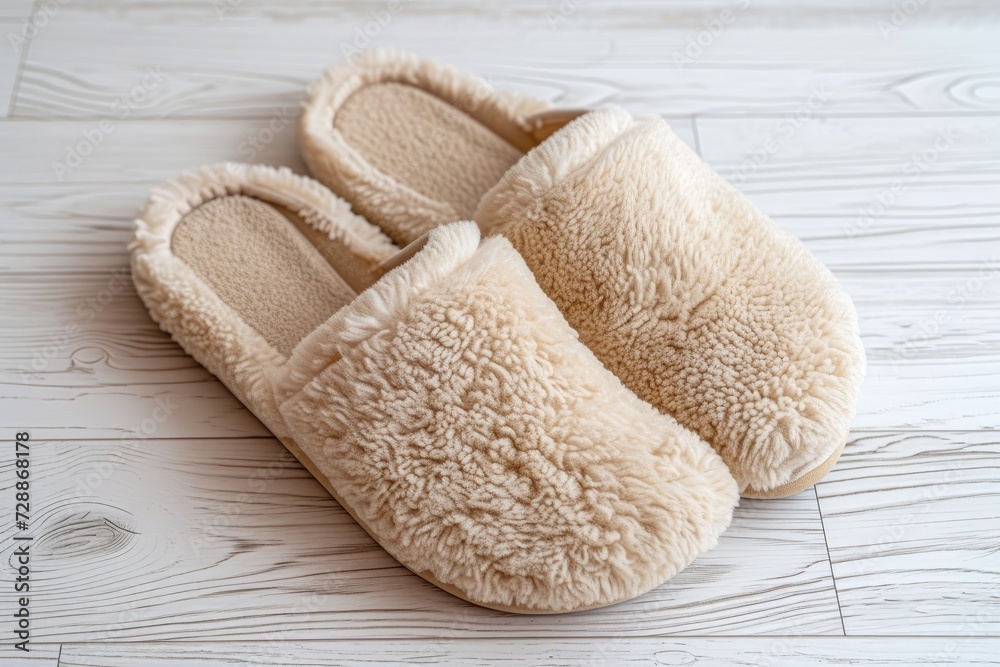 Men s slippers with fluffy fur for home use on a white wooden parquet background Men s slippers with fluffy fur for home use on a white wooden parquet background
