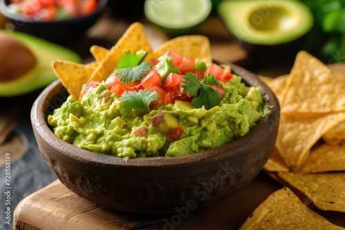 Mexican dip with guacamole salsa and nacho chips