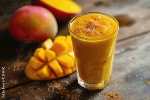 Mango smoothie in mason jar with striped straw