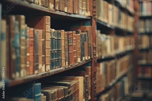 Many aged books in a bookstore or library with blurred bookshelves