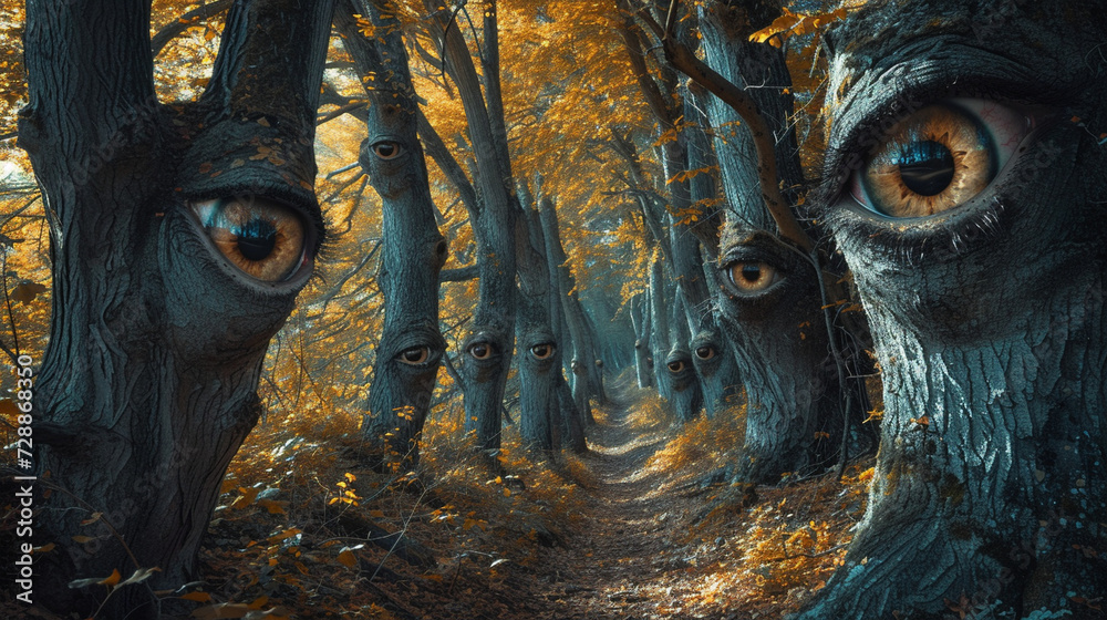 A forest where trees have eyes instead of leaves, each one blinking and watching as you pass by. - obrazy, fototapety, plakaty 