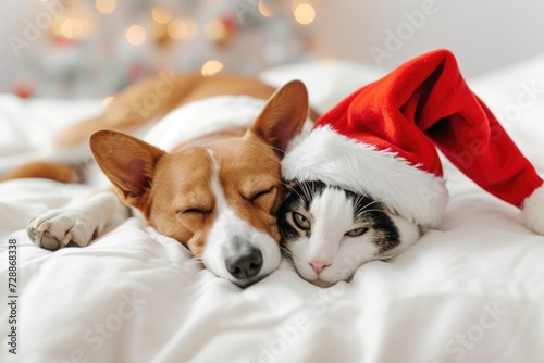 Pets in Santa hats cuddling on a white bed sharing a Christmas celebration