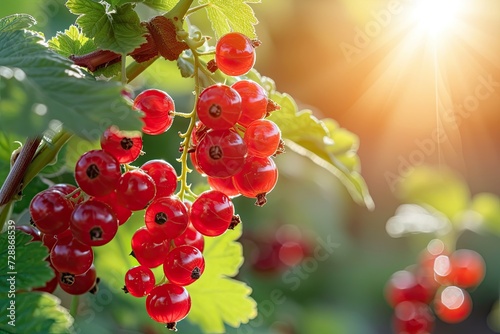 Red currant berries grow on a bush in the sunny garden photo