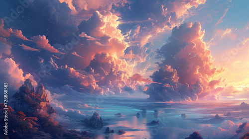 A surreal landscape where clouds take on the shapes of mythical creatures, drifting lazily across the sky.