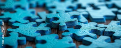 Scattered blue jigsaw puzzle pieces on a wooden surface, conveying complexity and problem-solving