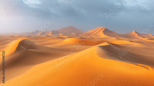 A surreal desert landscape where sand dunes resemble giant waves frozen in time.